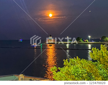 Moonlit Harbor With Lighthouse Reflecting on Calm Water During Evening Hours Moonlit Harbor With Lighthouse Reflecting on Calm Water During Evening Hours 123470020