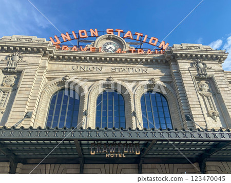 Historic Union Station Stands Majestically Under a Clear Blue Sky in Denver 123470045
