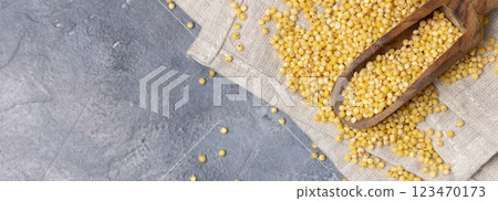 Raw uncooked yellow millet grain in a wooden scoop on napkin table, top view. Ancient food Raw uncooked yellow millet grain in a wooden scoop on napkin table, top view. Ancient food 123470173