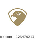 A birds head is depicted within a shield set against a white background 123470213