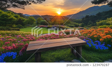 A park bench in a flower-filled hilltop village A park bench in a flower-filled hilltop village 123470287