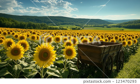 Sunflower fields blooming towards the wide sky 123470293