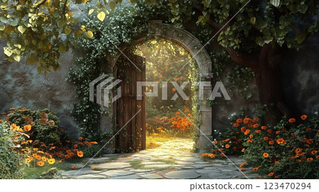 Gate of a mansion with an old European-style garden 123470294