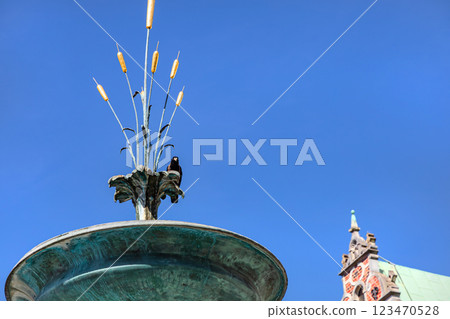 The famous Stork fountain and traditional old houses on the street in the center of Copenhagen. The famous Stork fountain and traditional old houses on the street in the center of Copenhagen. 123470528