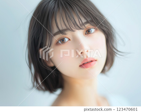 皮膚白皙、年輕漂亮的亞洲女模特兒的美容肖像。沙龍模特兒形象拍攝。 123470601