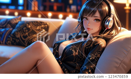 Illustration of a beautiful woman listening to music on the sofa 123470859