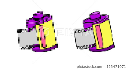 Vintage film rolls with purple and yellow design and gray film strips exposed from the canisters 123471071
