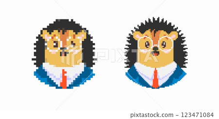 Cute pixel art hedgehogs in suits with red ties and glasses Cute pixel art hedgehogs in suits with red ties and glasses 123471084