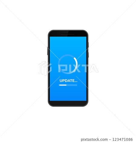 Smartphone displaying software update progress with blue loading screen animation 123471086