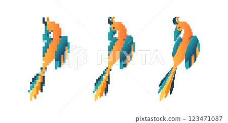 Pixel art parrot illustrations with bright orange and green color combinations Pixel art parrot illustrations with bright orange and green color combinations 123471087
