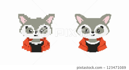 Pixel art fox character in red jacket with large eyes and curious expression 123471089