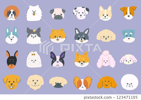 一組可愛又惹人喜愛的寵物狗臉插畫,色彩繽紛,令人愛不釋手 一組可愛又惹人喜愛的寵物狗臉插畫,色彩繽紛,令人愛不釋手 123471105