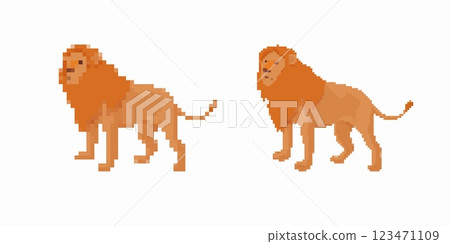 Pixel art lions showcasing classic style with detailed orange manes and sturdy bodies Pixel art lions showcasing classic style with detailed orange manes and sturdy bodies 123471109