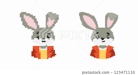Pixel art cute gray bunny with orange jacket, two expressions, simple design, digital graphic Pixel art cute gray bunny with orange jacket, two expressions, simple design, digital graphic 123471110