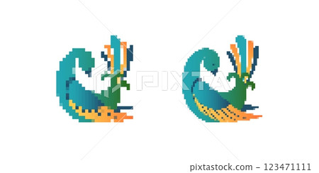 Colorful pixel art bird with vibrant tail feathers in unique artistic design style 123471111