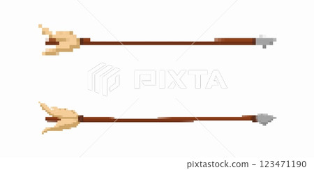 Pixel art arrows showing different tip designs and simple brown wooden shafts Pixel art arrows showing different tip designs and simple brown wooden shafts 123471190