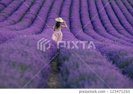 A woman is walking through a field of purple flowers A woman is walking through a field of purple flowers 123471283