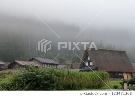 Gassho-style houses shrouded in mist Gassho-style houses shrouded in mist 123471308