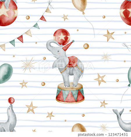 Watercolor seamless pattern with Circus elephant and seal with by stars and balloons on striped background. Childish backdrop for nursery wallpaper or baby textile. Carnival backdrop for kids design. 123471431
