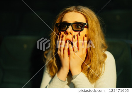 Woman shows intense surprise while wearing 3D glasses in a dark theater 123471605