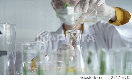 Woman scientist wearing a lab coat, white gloves, and a mask is pouring a yellow oily liquid from a beaker into an Erlenmeyer flask in a laboratory setting, close up. Science and medicine 123471678