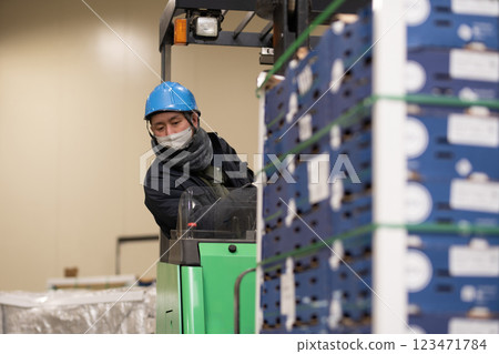 在冷藏倉庫內駕駛堆高機的男子 在冷藏倉庫內駕駛堆高機的男子 123471784