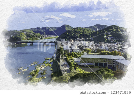 Watercolor painting of the Kiso River Inuyama Bridge and Hotel Indigo Inuyama Yurakuen from Inuyama Castle, Inuyama City, Aichi Prefecture 123471939