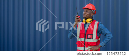 Foreman or worker work at Container cargo site check up goods in container. Foreman or worker work at Container cargo site check up goods in container. 123472212