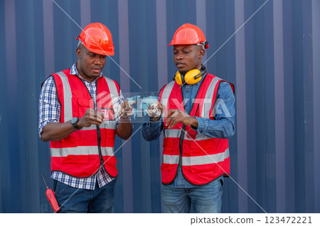 Foreman or worker work at Container cargo site check up goods in container. 123472221