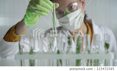 Female scientist wearing a lab coat, green gloves and mask looking to the test tube with plants inside, close up. Science and medicine Female scientist wearing a lab coat, green gloves and mask looking to the test tube with plants inside, close up. Science and medicine 123472585