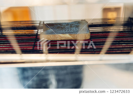 Bread from electrical Conveyor Toaster Oven toasting  123472633