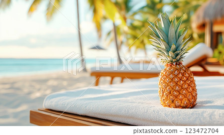 Ripe pineapple resting on a sun lounger covered with a white towel at a tropical beach resort, surrounded by palm trees, golden sand, and a calm ocean under a clear sky. 123472704