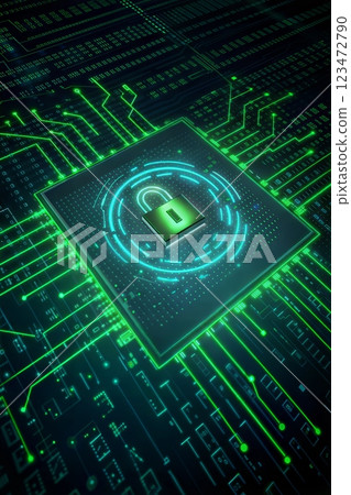 Digital security concept with lock symbol on a circuit board background in green tones 123472790