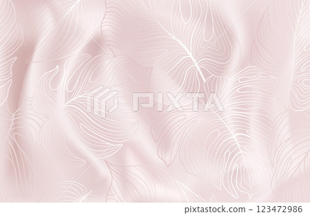 Realistic texture of grey silk background with seamless pattern of leaves and branches. Vector 3D texture of silk natural fabric with smooth pleats and pearl beads Realistic texture of grey silk background with seamless pattern of leaves and branches. Vector 3D texture of silk natural fabric with smooth pleats and pearl beads 123472986