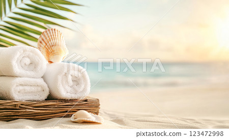 Soft white spa towels with seashells placed in a wicker basket on a sandy beach, with palm leaves and the ocean in the background, creating a relaxing tropical atmosphere. 123472998