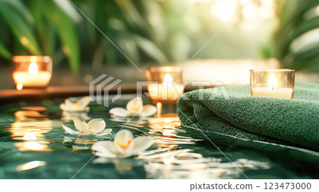 Soft green spa towel with glowing candles and floating white flowers on calm water, creating a serene and luxurious atmosphere for relaxation and wellness. 123473000