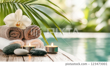 Spa towels, candles, smooth stones, and a white orchid arranged on a wooden surface near a tropical pool, creating a peaceful and relaxing wellness atmosphere. Spa towels, candles, smooth stones, and a white orchid arranged on a wooden surface near a tropical pool, creating a peaceful and relaxing wellness atmosphere. 123473001