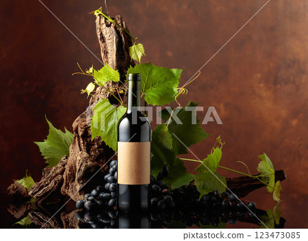 Bottle of red wine with blue grapes and vine branches. Bottle of red wine with blue grapes and vine branches. 123473085