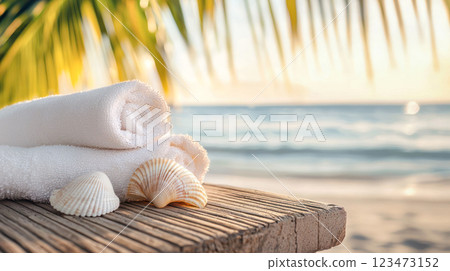 Soft white spa towels with seashells arranged on a wooden deck by the ocean, framed by palm leaves, creating a peaceful and luxurious tropical beach atmosphere. 123473152