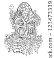 Magic airy tale house. Coloring page. Forest tiny house, black and white picture 123473339
