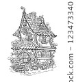 Coloring page. Magic forest Fairy tale house, black and white picture 123473340