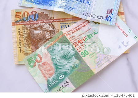 Hong Kong currency, Hong Kong dollar (HKD) banknotes Hong Kong currency, Hong Kong dollar (HKD) banknotes 123473401