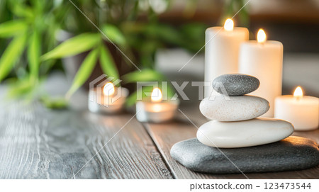 Stacked zen stones with burning candles and green bamboo stalks on a wooden surface, creating a peaceful and relaxing atmosphere for meditation, spa, and wellness. 123473544