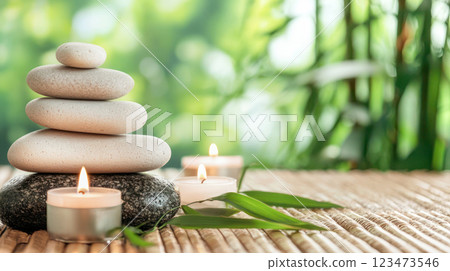 Stacked zen stones with burning candles and green bamboo stalks on a wooden surface, creating a peaceful and relaxing atmosphere for meditation, spa, and wellness. 123473546