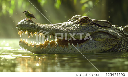 A little bird calm sitting on crocodile nose. A little bird calm sitting on crocodile nose. 123473590
