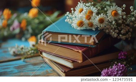A still life composition of books and flowers. 123473591