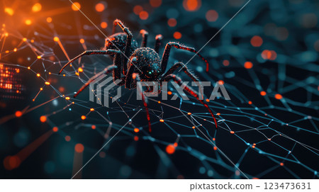 Black widow spider build web on blurry digital technology background. 123473631
