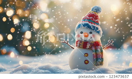Christmas winter background with a cute snowman standing in a snow. 123473637