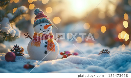 Christmas winter background with a happy snowman standing in a snow. 123473638