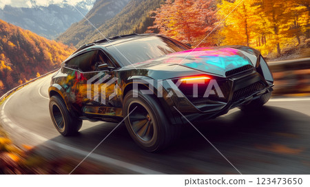 Futuristic SUV vehicle painted in a metallic color driving down autumn  mountain road. 123473650